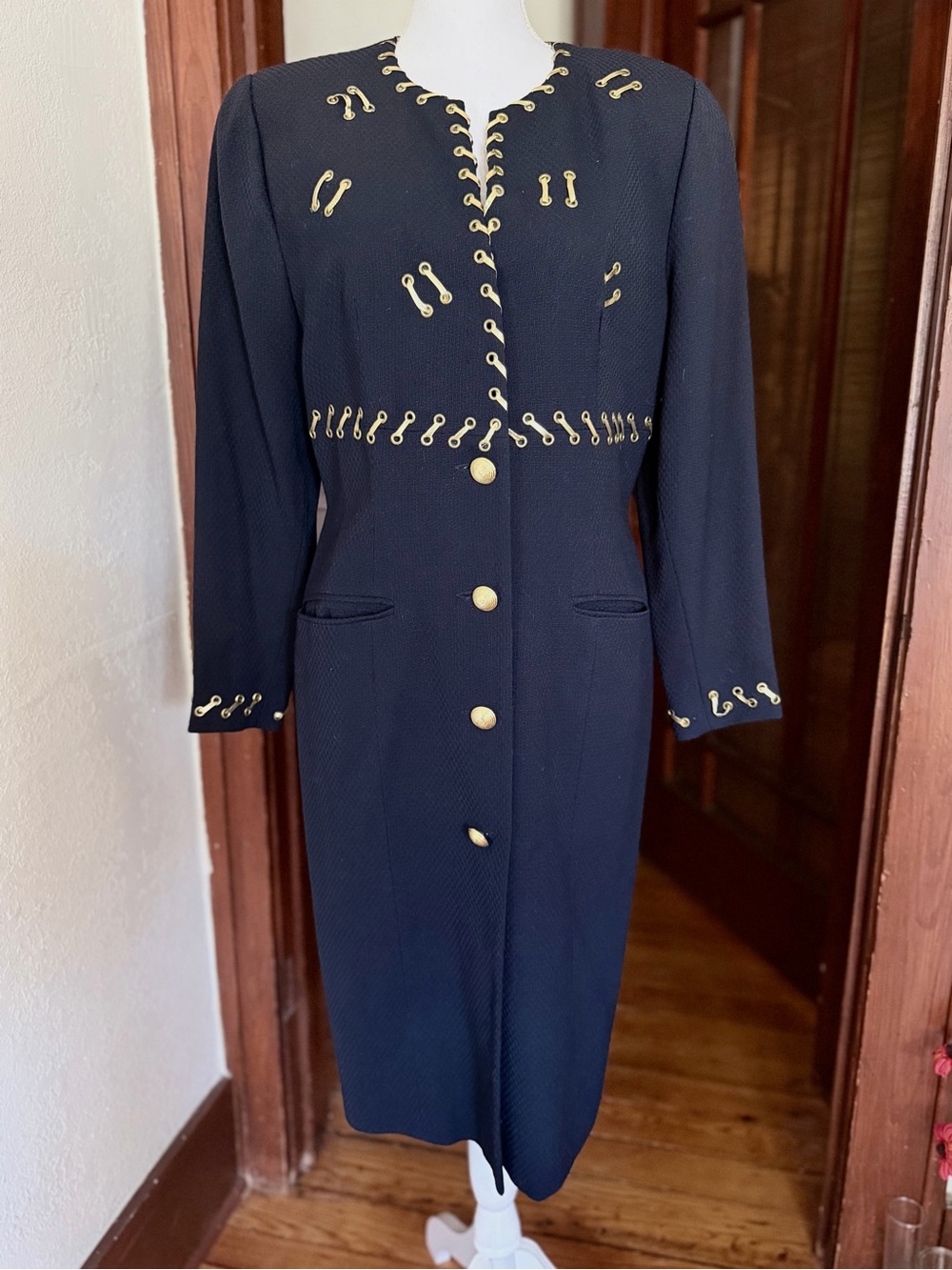 Vintage Junnie Leigh New York Navy Gold Military Style Wool Dress 80s USA Sz 10